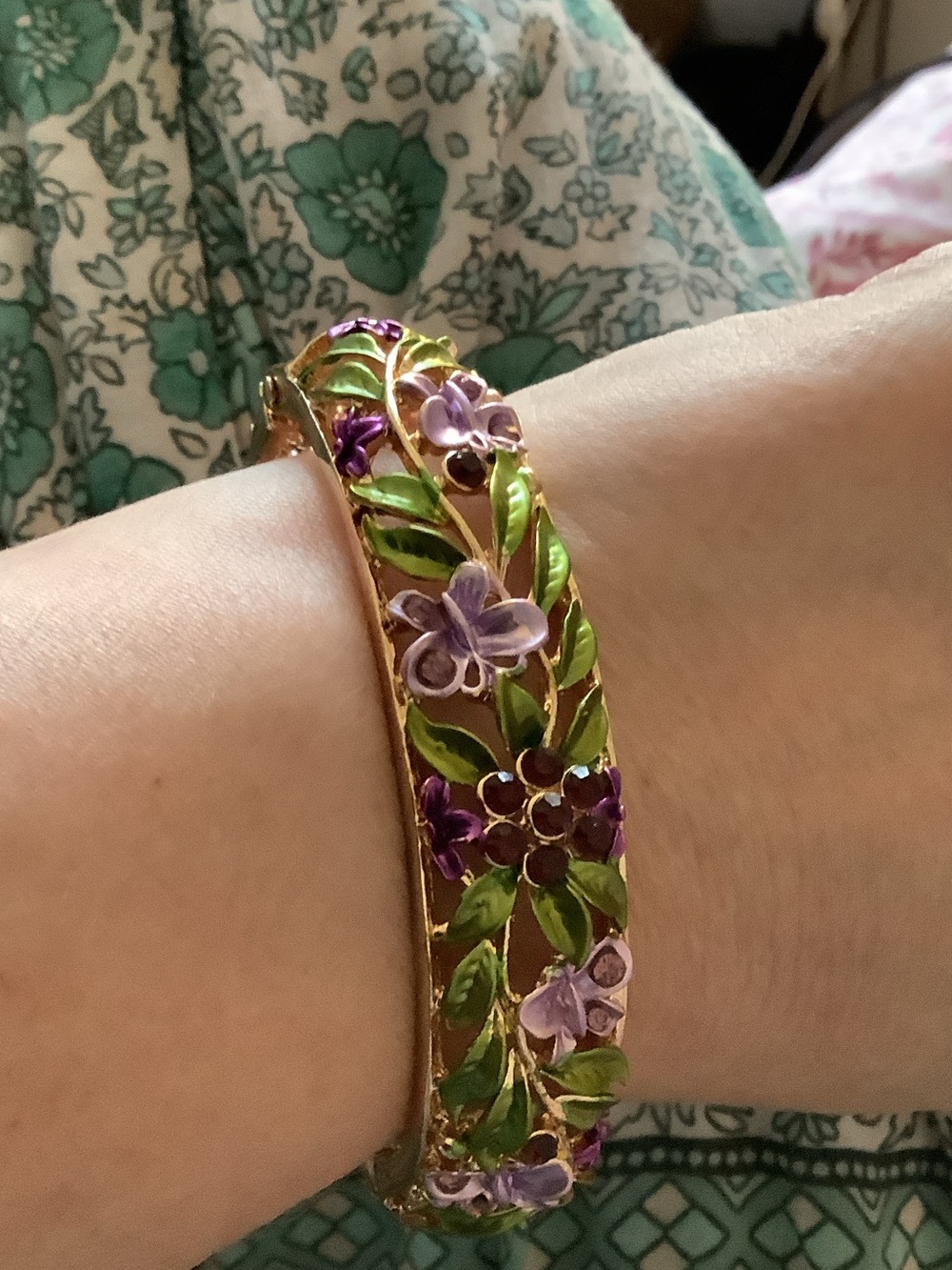 Gold-Tone Floral Enamel Bracelet in Green and Purple